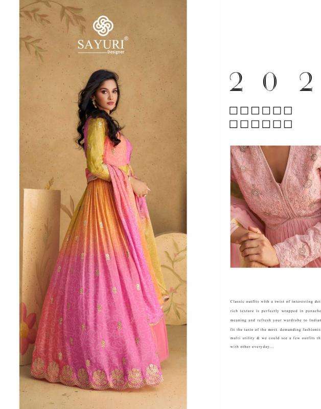 sayuri designer presents sajni fashionable chinon silk readymade gown style catalog wholesaler and exporter in surat