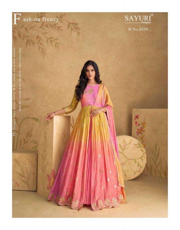 sayuri designer presents sajni fashionable chinon silk readymade gown style catalog wholesaler and exporter in surat