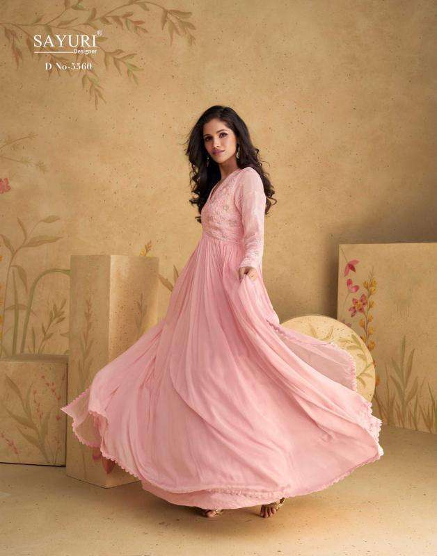 sayuri designer presents sajni fashionable chinon silk readymade gown style catalog wholesaler and exporter in surat