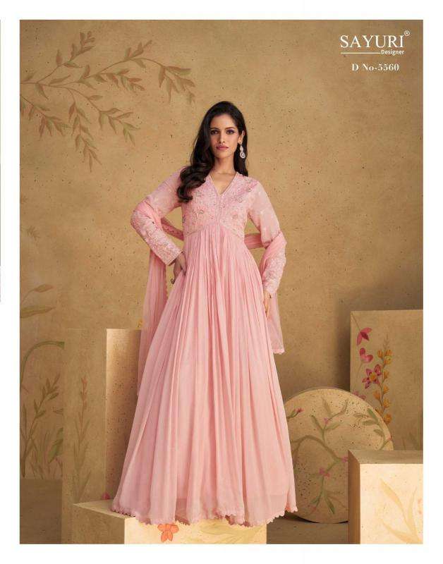 sayuri designer presents sajni fashionable chinon silk readymade gown style catalog wholesaler and exporter in surat