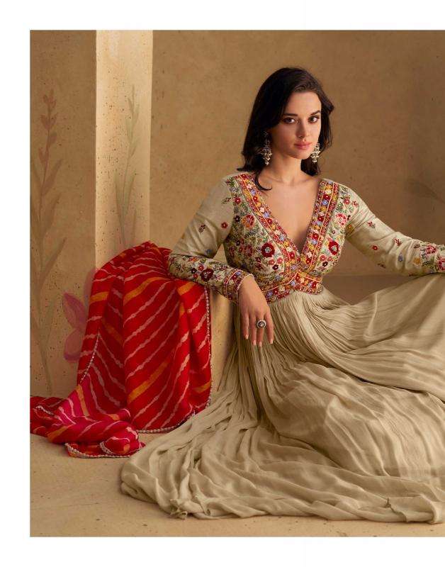 sayuri designer presents sajni fashionable chinon silk readymade gown style catalog wholesaler and exporter in surat