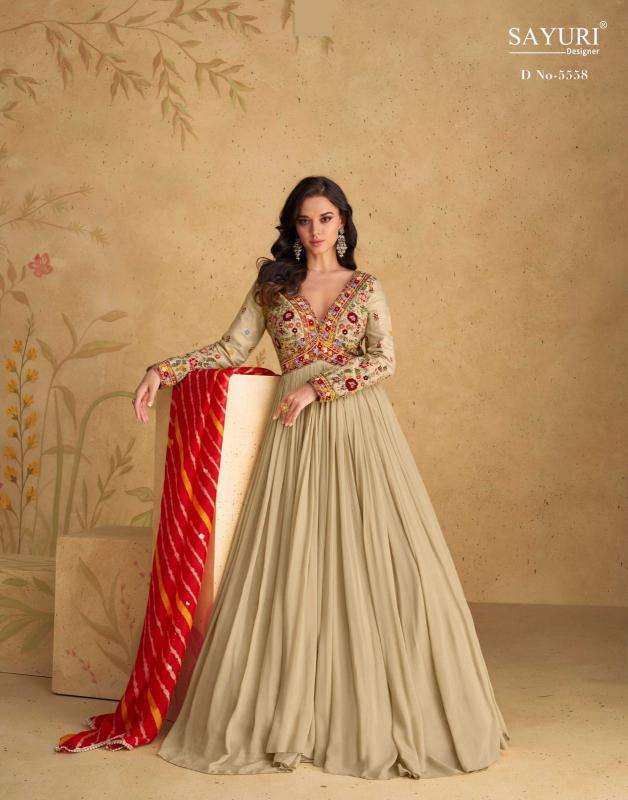 sayuri designer presents sajni fashionable chinon silk readymade gown style catalog wholesaler and exporter in surat