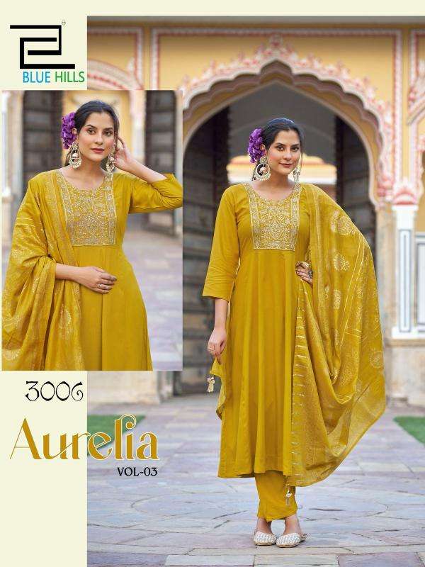 Blue Hills Presents Aurelia Vol-3 Rayon Fully Stitch Shop Trendy Big Size 3pcs Catalog Wholesaler And Exporter 
