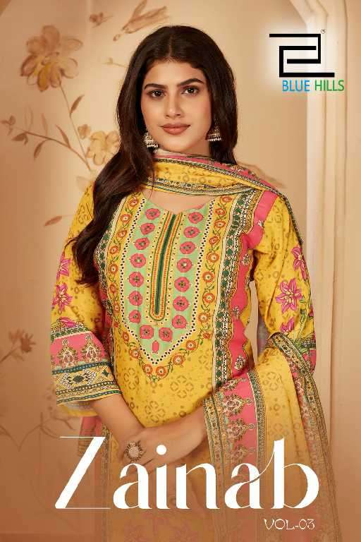Blue hills Presents Zainab Vol-3 Wholesale Poly Muslin Top With Pant And Dupatta Catalog Wholesaler And Exporter 