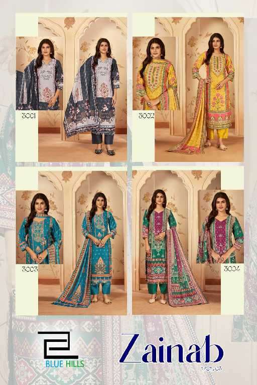 Blue hills Presents Zainab Vol-3 Wholesale Poly Muslin Top With Pant And Dupatta Catalog Wholesaler And Exporter 