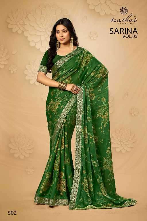 Kashvi Presents Sarina Vol-5 Wholesale Pc Moss Fabrics Ethnic Indian Sarees Catalog Wholesasler And Exporter 