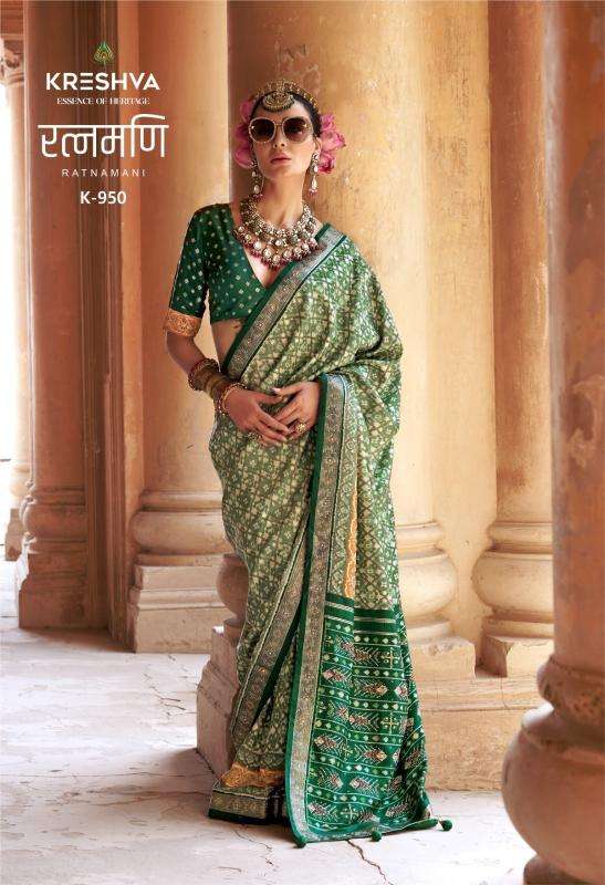 KRESHVA PRESENTS RATNAMANI SILK TRADITIONAL PATOLA SHOP TRENDY SAREES CATALOG WHOLESALER AND EXPORTER 
