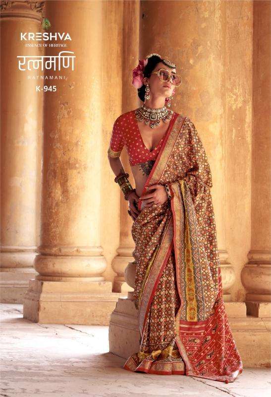 KRESHVA PRESENTS RATNAMANI SILK TRADITIONAL PATOLA SHOP TRENDY SAREES CATALOG WHOLESALER AND EXPORTER 