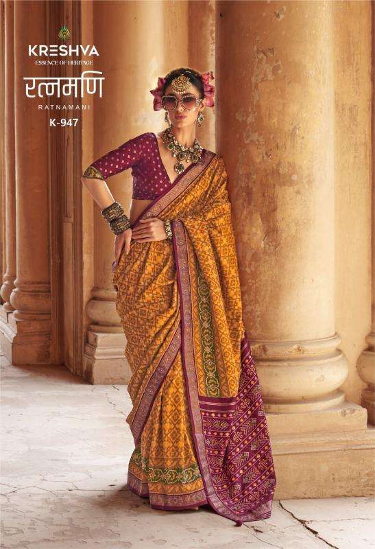 KRESHVA PRESENTS RATNAMANI SILK TRADITIONAL PATOLA SHOP TRENDY SAREES CATALOG WHOLESALER AND EXPORTER 