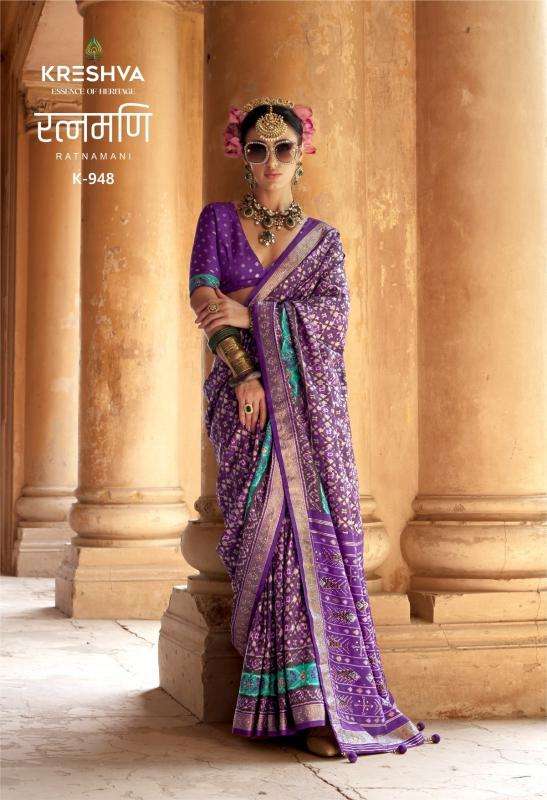 KRESHVA PRESENTS RATNAMANI SILK TRADITIONAL PATOLA SHOP TRENDY SAREES CATALOG WHOLESALER AND EXPORTER 
