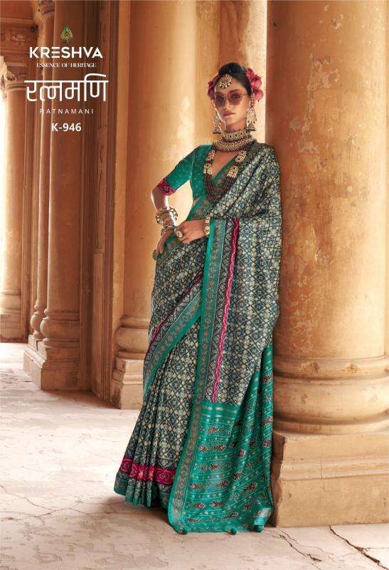 KRESHVA PRESENTS RATNAMANI SILK TRADITIONAL PATOLA SHOP TRENDY SAREES CATALOG WHOLESALER AND EXPORTER 