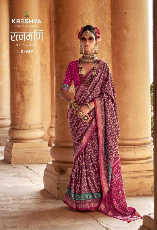 KRESHVA PRESENTS RATNAMANI SILK TRADITIONAL PATOLA SHOP TRENDY SAREES CATALOG WHOLESALER AND EXPORTER 