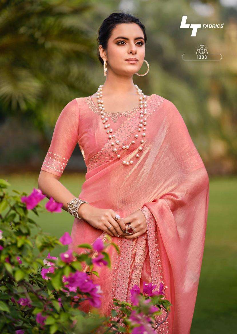 LT Fabrics presents silver stone vol-13 cosmos swarovski jharkan work shop trendy sarees catalog wholesaler and exporter 