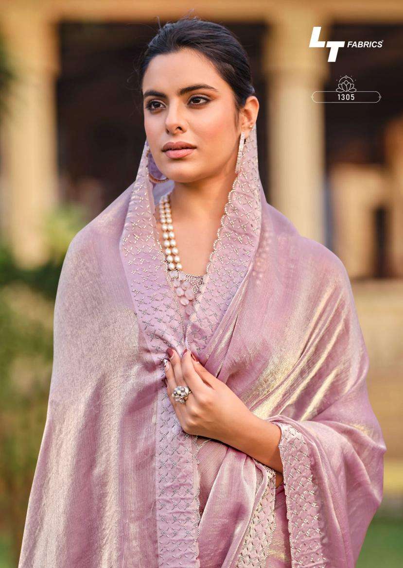 LT Fabrics presents silver stone vol-13 cosmos swarovski jharkan work shop trendy sarees catalog wholesaler and exporter 