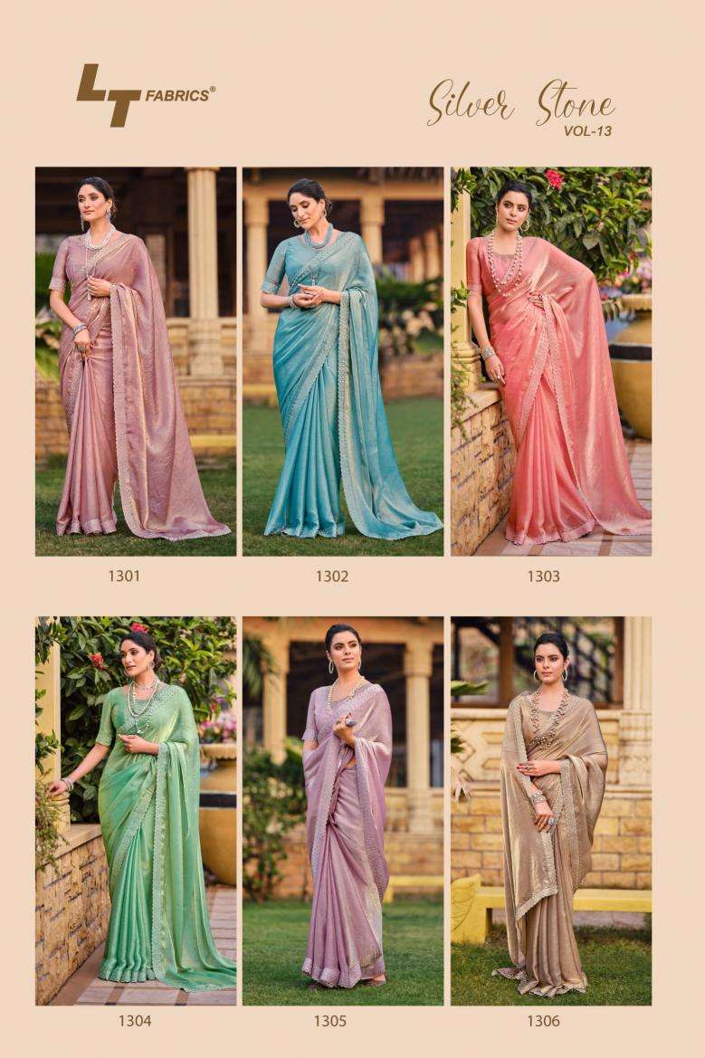 LT Fabrics presents silver stone vol-13 cosmos swarovski jharkan work shop trendy sarees catalog wholesaler and exporter 