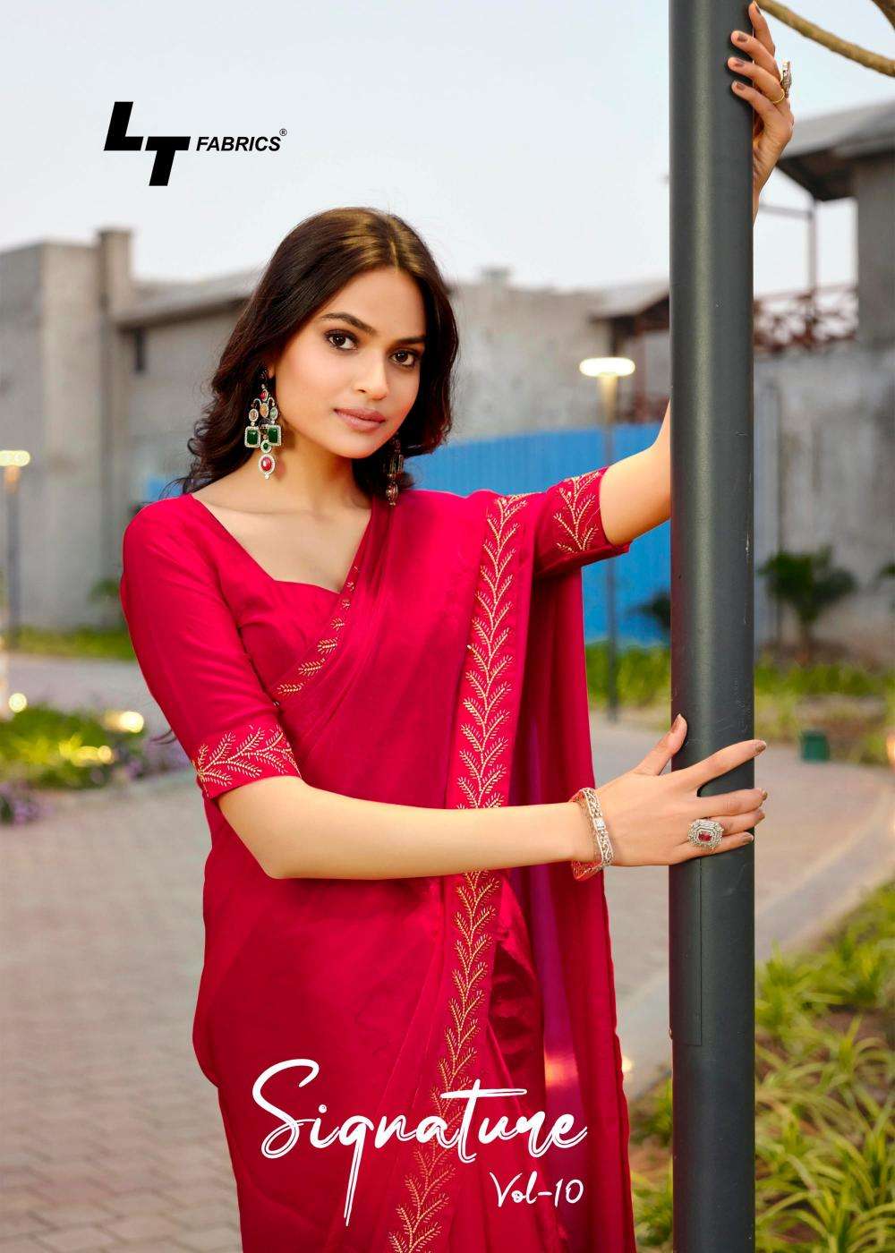 lt fashion presents signature vol-10 cosmos hit design saree with fancy blouse catalog wholesaler and exporter in surat