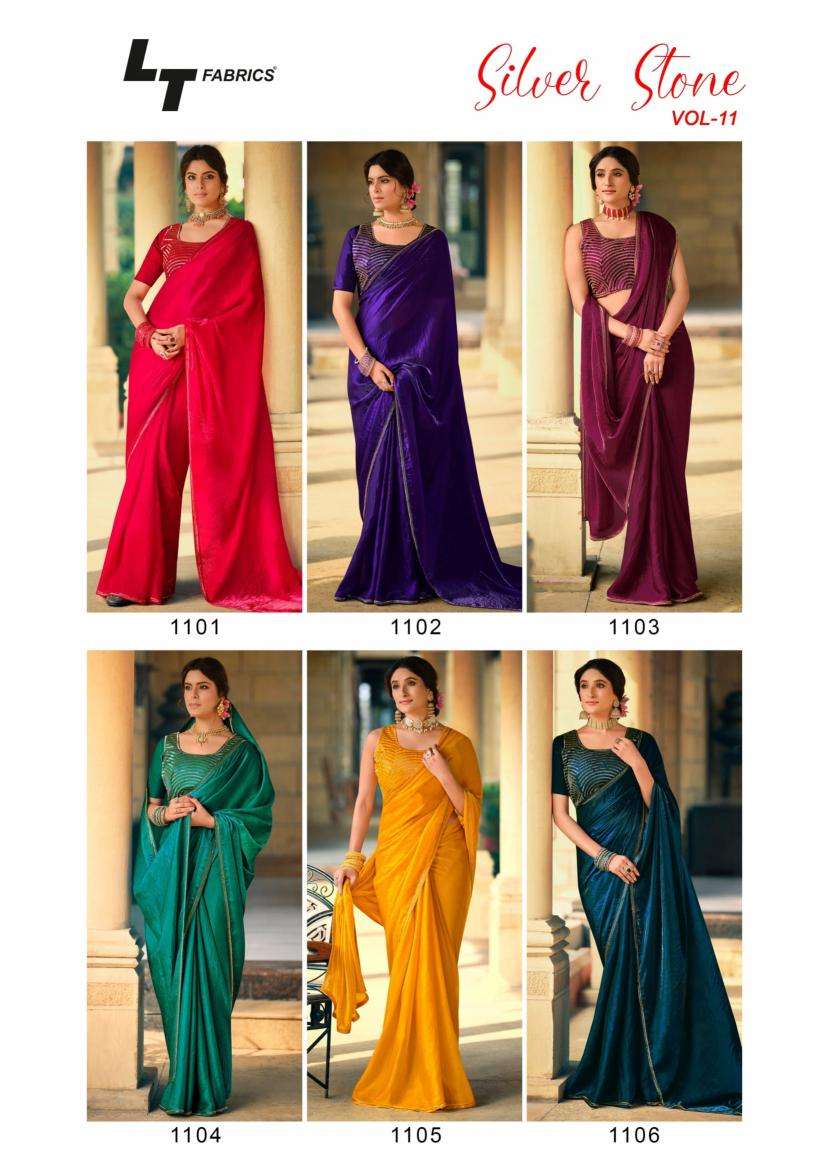 lt fashion presents silver stone vol -11 fashionable nylonxcatonic satin best saree catalog wholesaler and exporter 