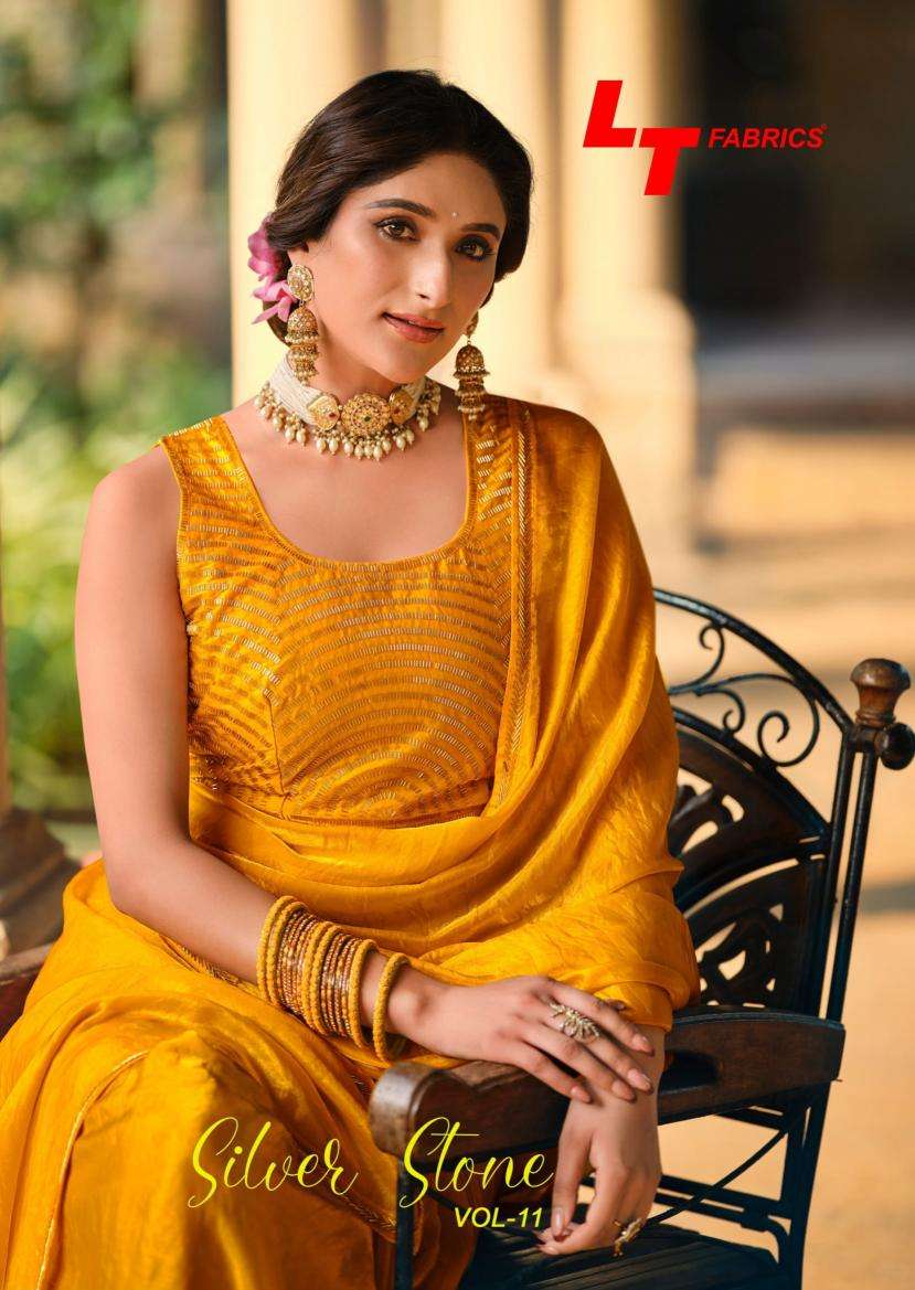 lt fashion presents silver stone vol -11 fashionable nylonxcatonic satin best saree catalog wholesaler and exporter 
