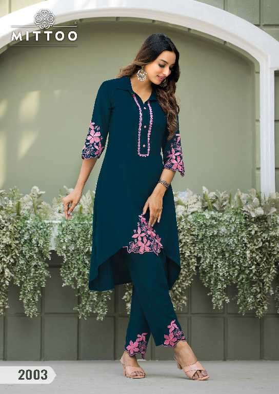 Mittoo Presents Shikha Wholesale Heavy Reyon Kurti With Pant Catalog Wholesaler And Exporter 