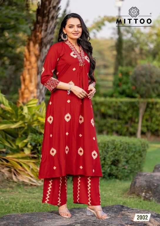 Mittoo Presents Vitara Wholesale Rayon Print Kurti With Pants Catalog Wholesaler And Export 