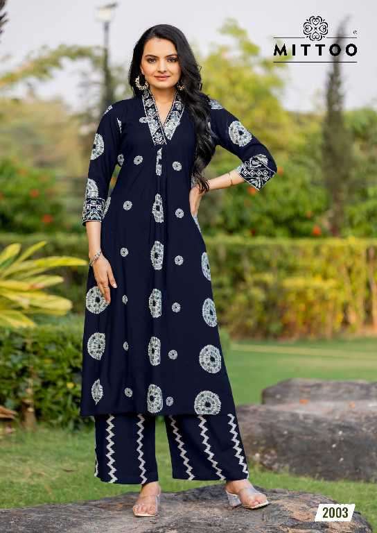 Mittoo Presents Vitara Wholesale Rayon Print Kurti With Pants Catalog Wholesaler And Export 