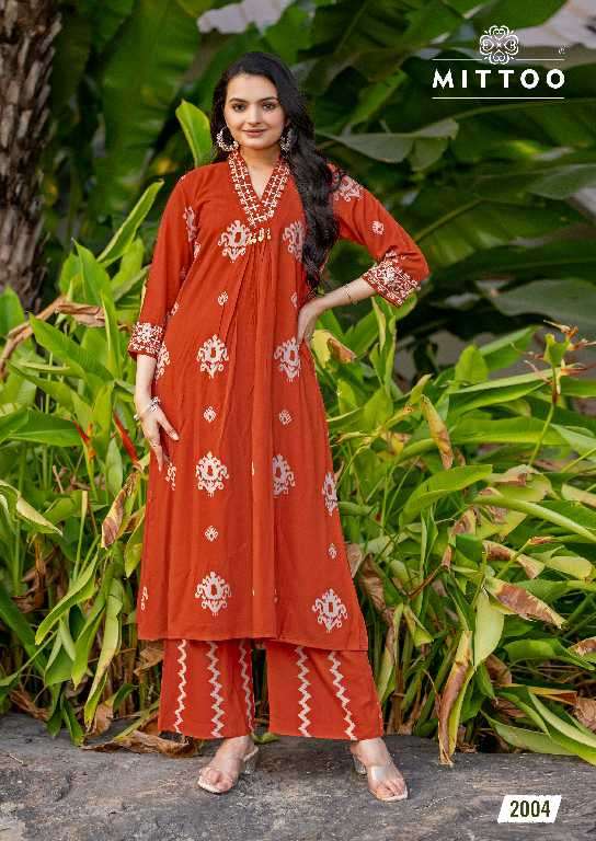 Mittoo Presents Vitara Wholesale Rayon Print Kurti With Pants Catalog Wholesaler And Export 