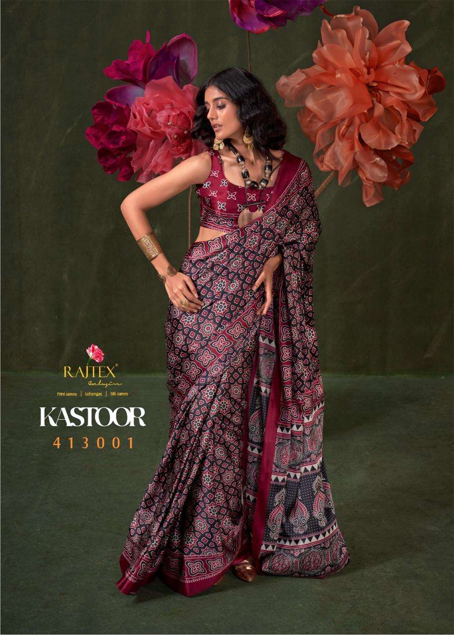 RAJTEX PRESENTS KASTOOR 413001-413009 SATIN CRAPE NEW DESIGN SAREES CATALOG WHOLESALER AND EXPORTER 
