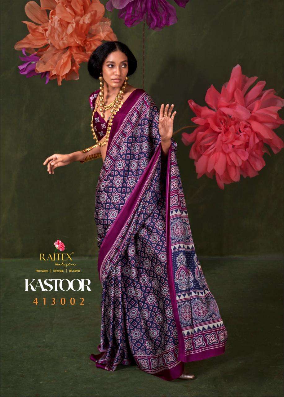 RAJTEX PRESENTS KASTOOR 413001-413009 SATIN CRAPE NEW DESIGN SAREES CATALOG WHOLESALER AND EXPORTER 