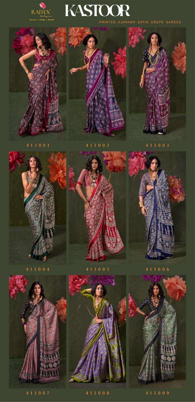 RAJTEX PRESENTS KASTOOR 413001-413009 SATIN CRAPE NEW DESIGN SAREES CATALOG WHOLESALER AND EXPORTER 