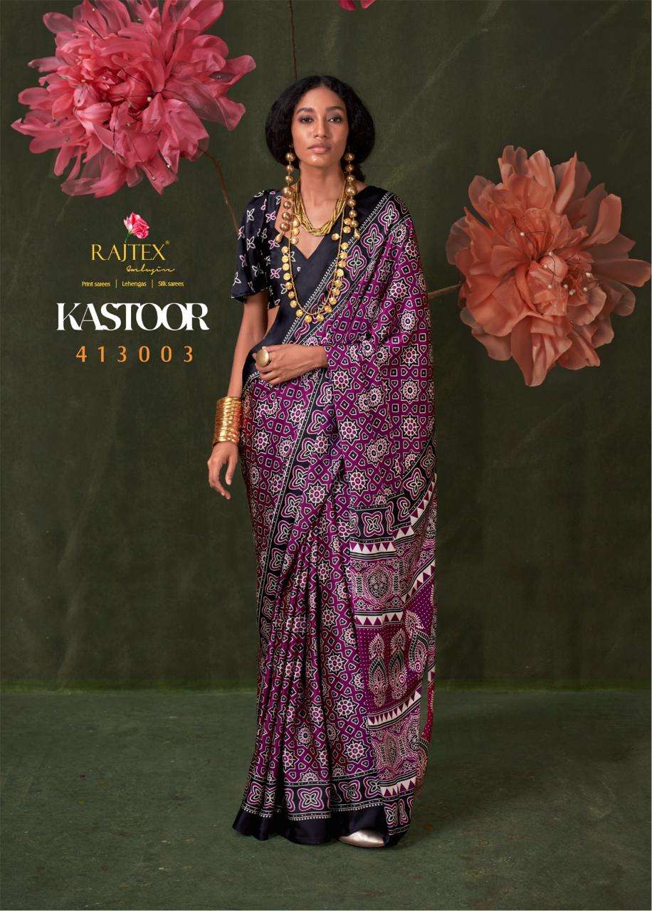 RAJTEX PRESENTS KASTOOR 413001-413009 SATIN CRAPE NEW DESIGN SAREES CATALOG WHOLESALER AND EXPORTER 