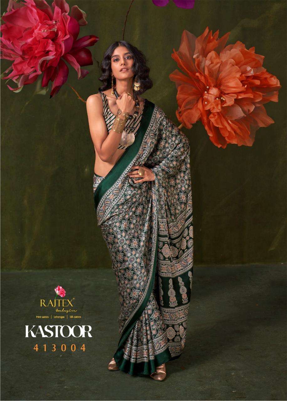 RAJTEX PRESENTS KASTOOR 413001-413009 SATIN CRAPE NEW DESIGN SAREES CATALOG WHOLESALER AND EXPORTER 