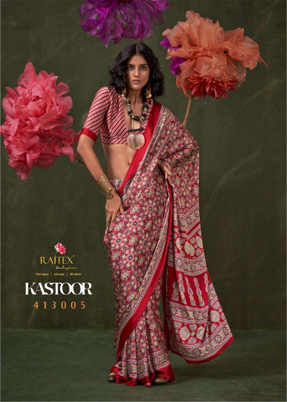RAJTEX PRESENTS KASTOOR 413001-413009 SATIN CRAPE NEW DESIGN SAREES CATALOG WHOLESALER AND EXPORTER 