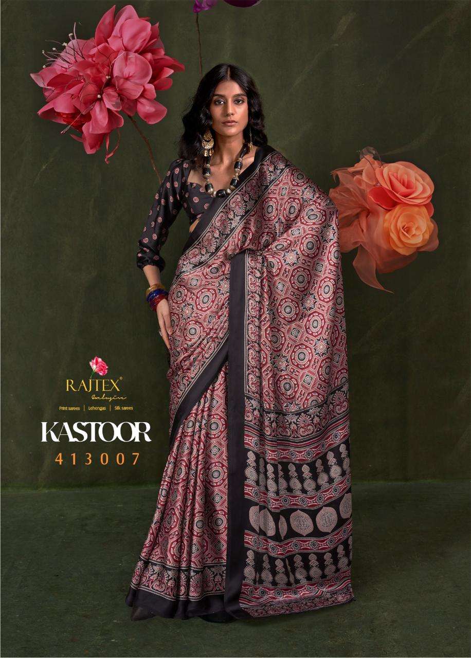 RAJTEX PRESENTS KASTOOR 413001-413009 SATIN CRAPE NEW DESIGN SAREES CATALOG WHOLESALER AND EXPORTER 