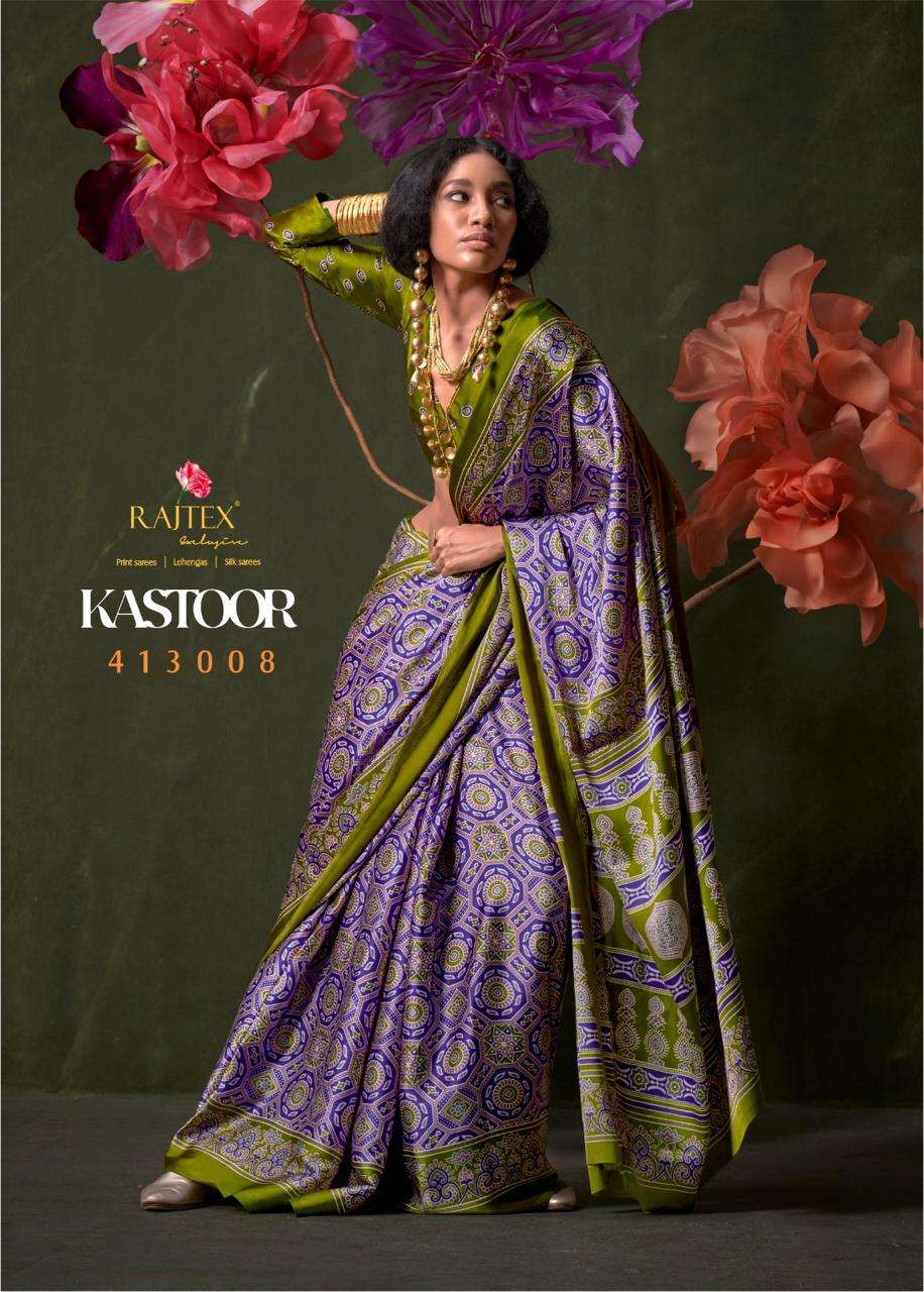 RAJTEX PRESENTS KASTOOR 413001-413009 SATIN CRAPE NEW DESIGN SAREES CATALOG WHOLESALER AND EXPORTER 