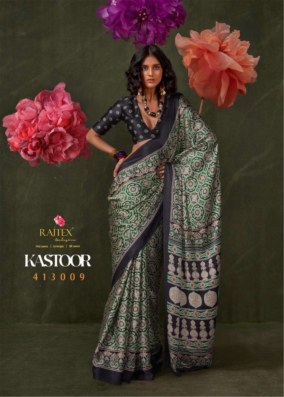 RAJTEX PRESENTS KASTOOR 413001-413009 SATIN CRAPE NEW DESIGN SAREES CATALOG WHOLESALER AND EXPORTER 