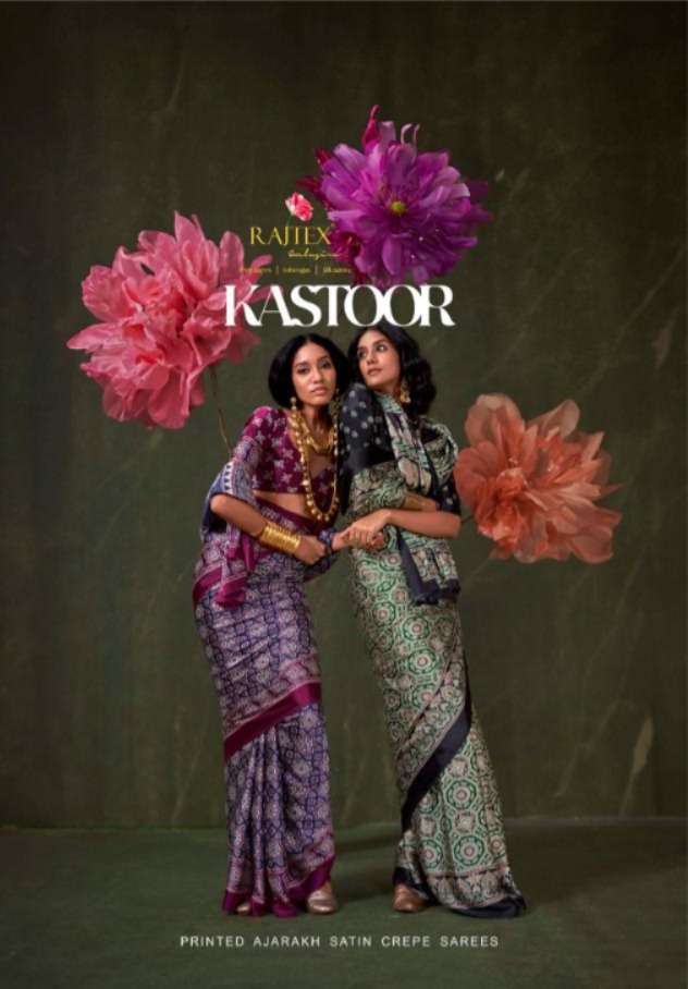 RAJTEX PRESENTS KASTOOR 413001-413009 SATIN CRAPE NEW DESIGN SAREES CATALOG WHOLESALER AND EXPORTER 