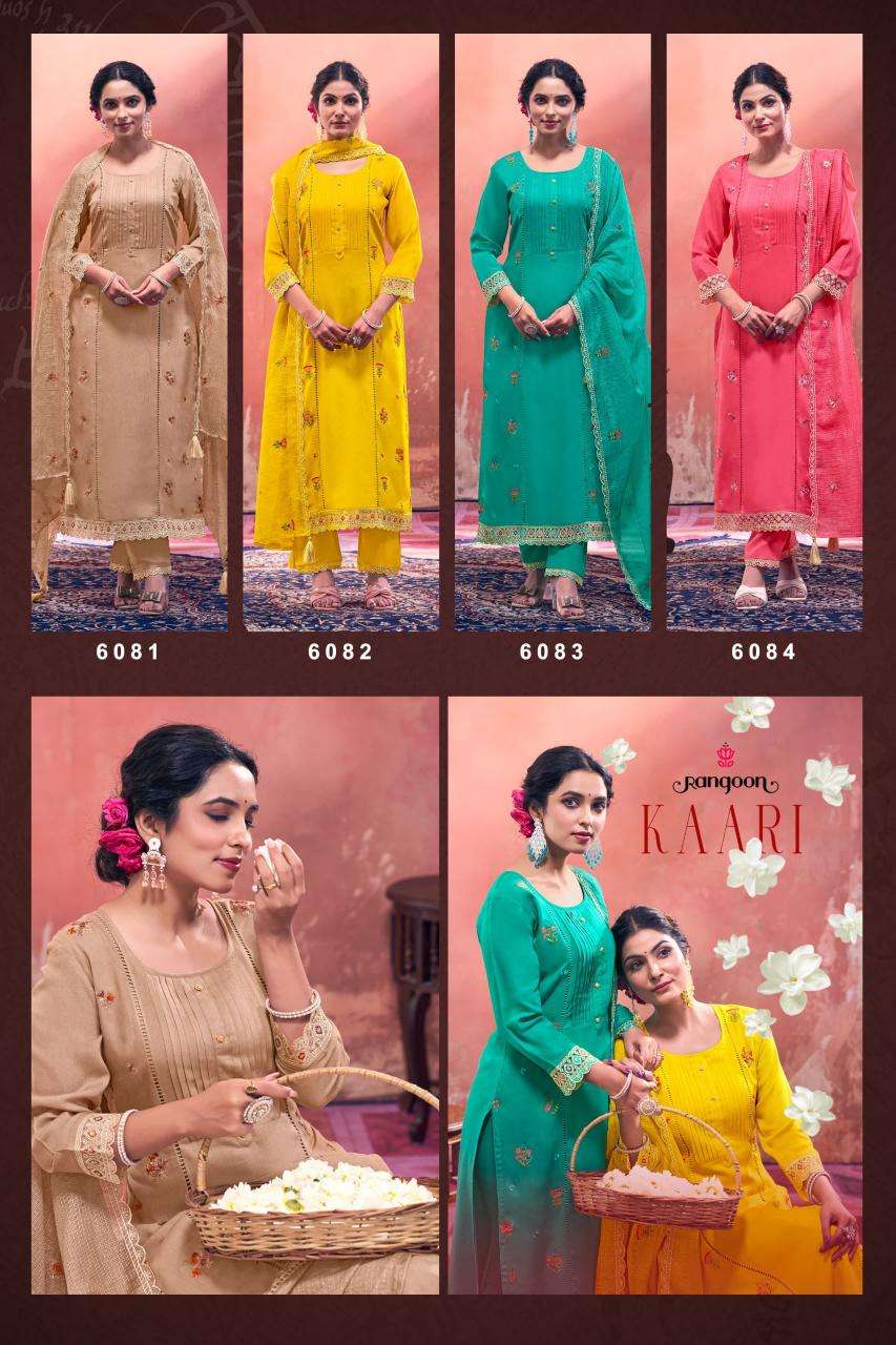 Rangoon Presents Kaari Rayon Readymade Fashionable Suit For Ladies Catalog Wholesaler And Exporter 