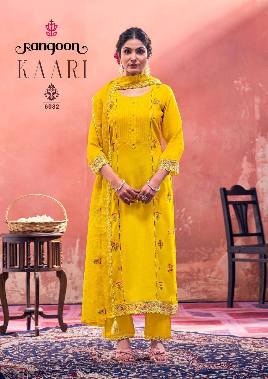 Rangoon Presents Kaari Rayon Readymade Fashionable Suit For Ladies Catalog Wholesaler And Exporter 