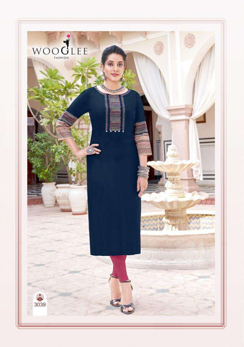 Wooglee Salonee Vol-8 Rayon Fully Stitch Shop Trendy Long Kurtis Catalog Wholesaler And Exporter In Surat