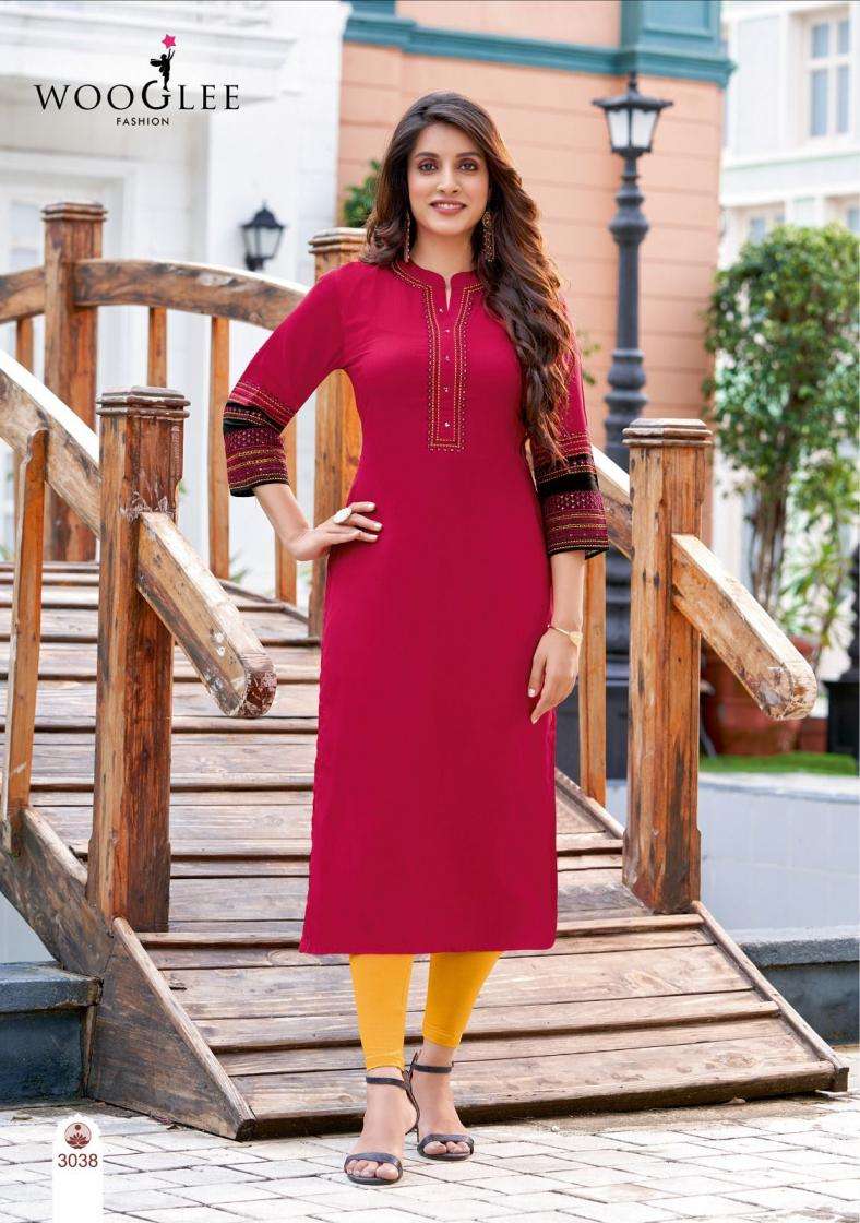 Wooglee Salonee Vol-8 Rayon Fully Stitch Shop Trendy Long Kurtis Catalog Wholesaler And Exporter In Surat