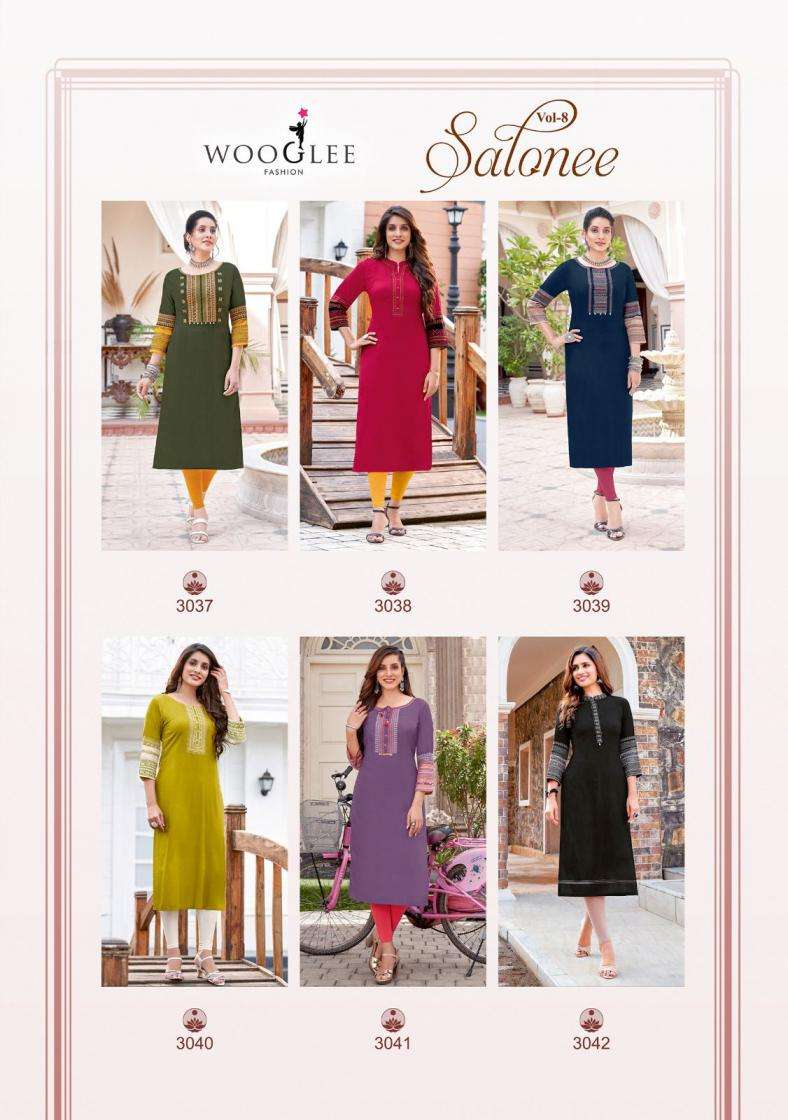 Wooglee Salonee Vol-8 Rayon Fully Stitch Shop Trendy Long Kurtis Catalog Wholesaler And Exporter In Surat