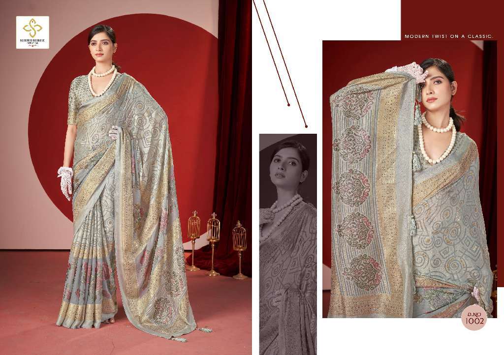 SHUBH SHREE CREATION TRINAY COLOUR ADDITION DULL MOSS BRASSO SAREES CATALOG WHOLESALER AND EXPORTER 