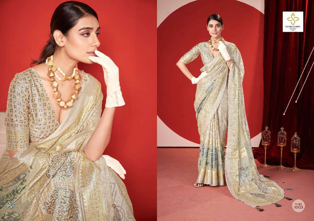 SHUBH SHREE CREATION TRINAY COLOUR ADDITION DULL MOSS BRASSO SAREES CATALOG WHOLESALER AND EXPORTER 