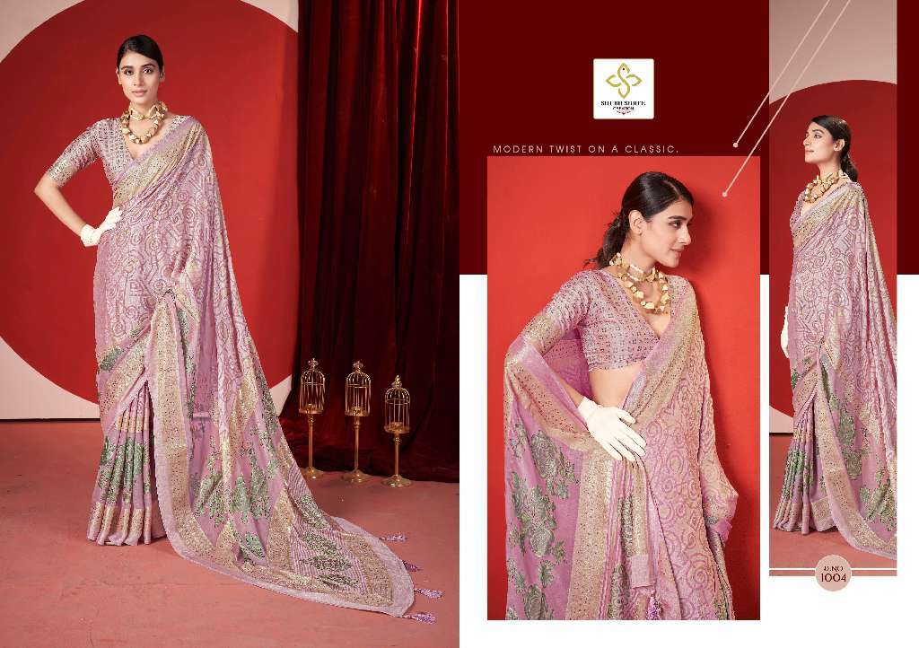 SHUBH SHREE CREATION TRINAY COLOUR ADDITION DULL MOSS BRASSO SAREES CATALOG WHOLESALER AND EXPORTER 