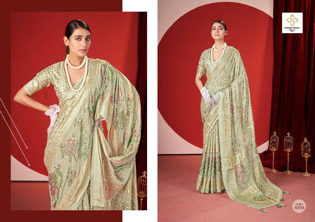 SHUBH SHREE CREATION TRINAY COLOUR ADDITION DULL MOSS BRASSO SAREES CATALOG WHOLESALER AND EXPORTER 