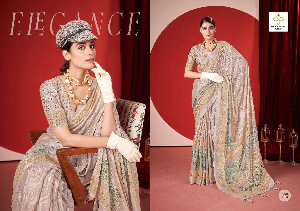 SHUBH SHREE CREATION TRINAY COLOUR ADDITION DULL MOSS BRASSO SAREES CATALOG WHOLESALER AND EXPORTER 