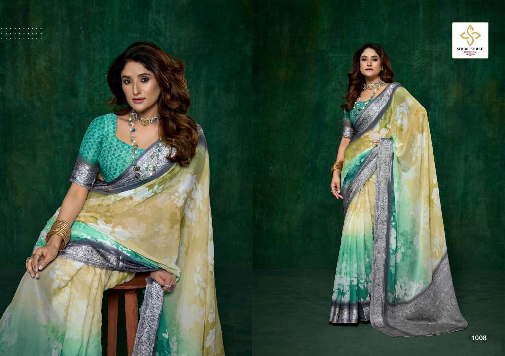 SHUBH SHREE PRESENTS SAAZ VOL-1 WHOLESALE MASS MELI WEAVING BORDER WITH PRINT STYLISH SAREE FOR WOMEN CATALOG WHOLESALER 
