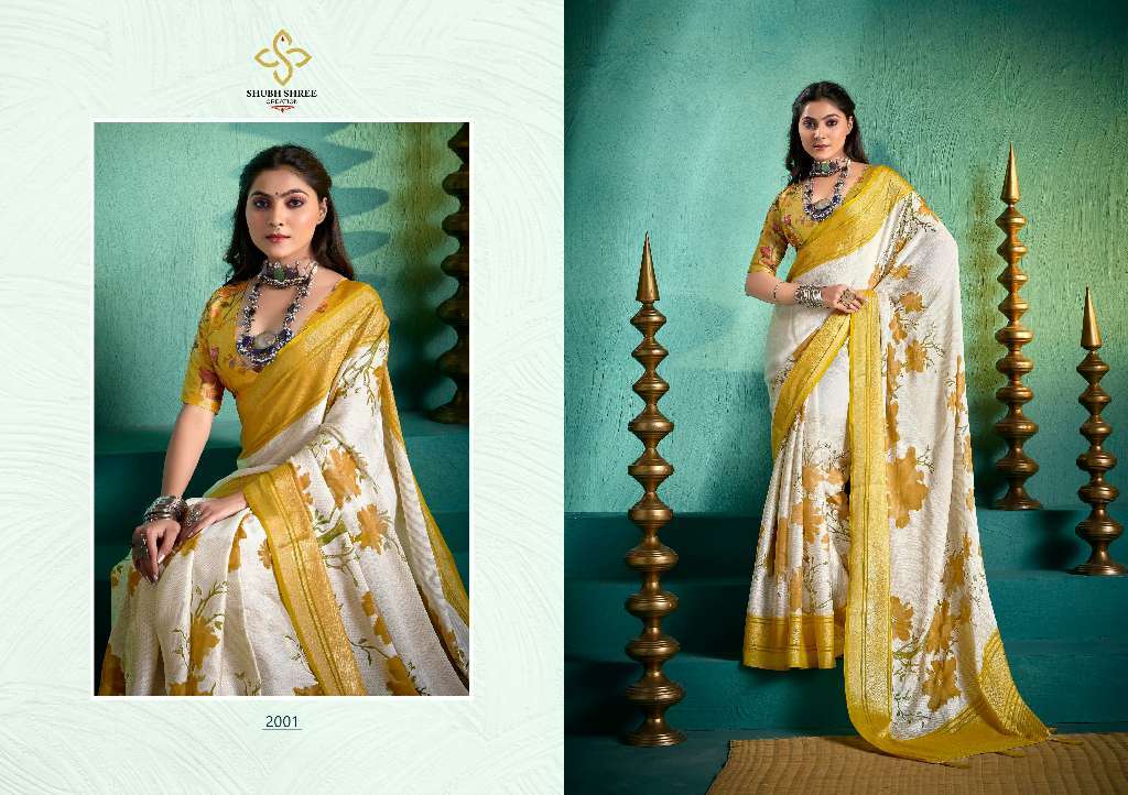 SHUBH SHREE PRESENTS TASHI VOL-2 WHOLESALE ZENI BRASSO FANCY FOIL PRINT GORGEOUS LOOK SAREES CATALOG WHOLESALER AND EXPORTER 