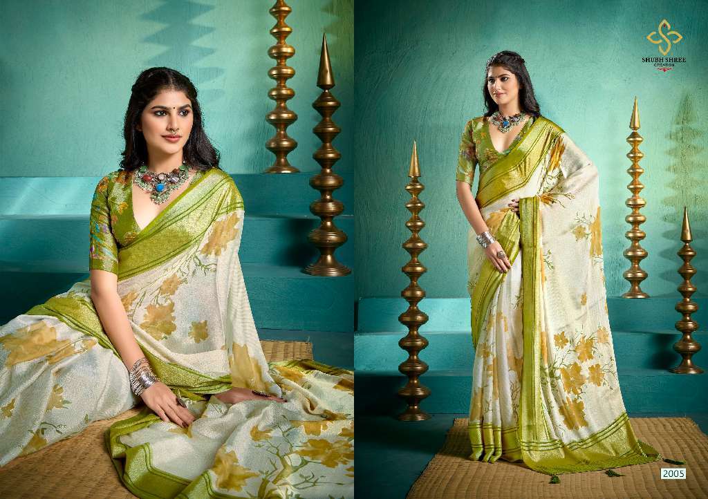 SHUBH SHREE PRESENTS TASHI VOL-2 WHOLESALE ZENI BRASSO FANCY FOIL PRINT GORGEOUS LOOK SAREES CATALOG WHOLESALER AND EXPORTER 