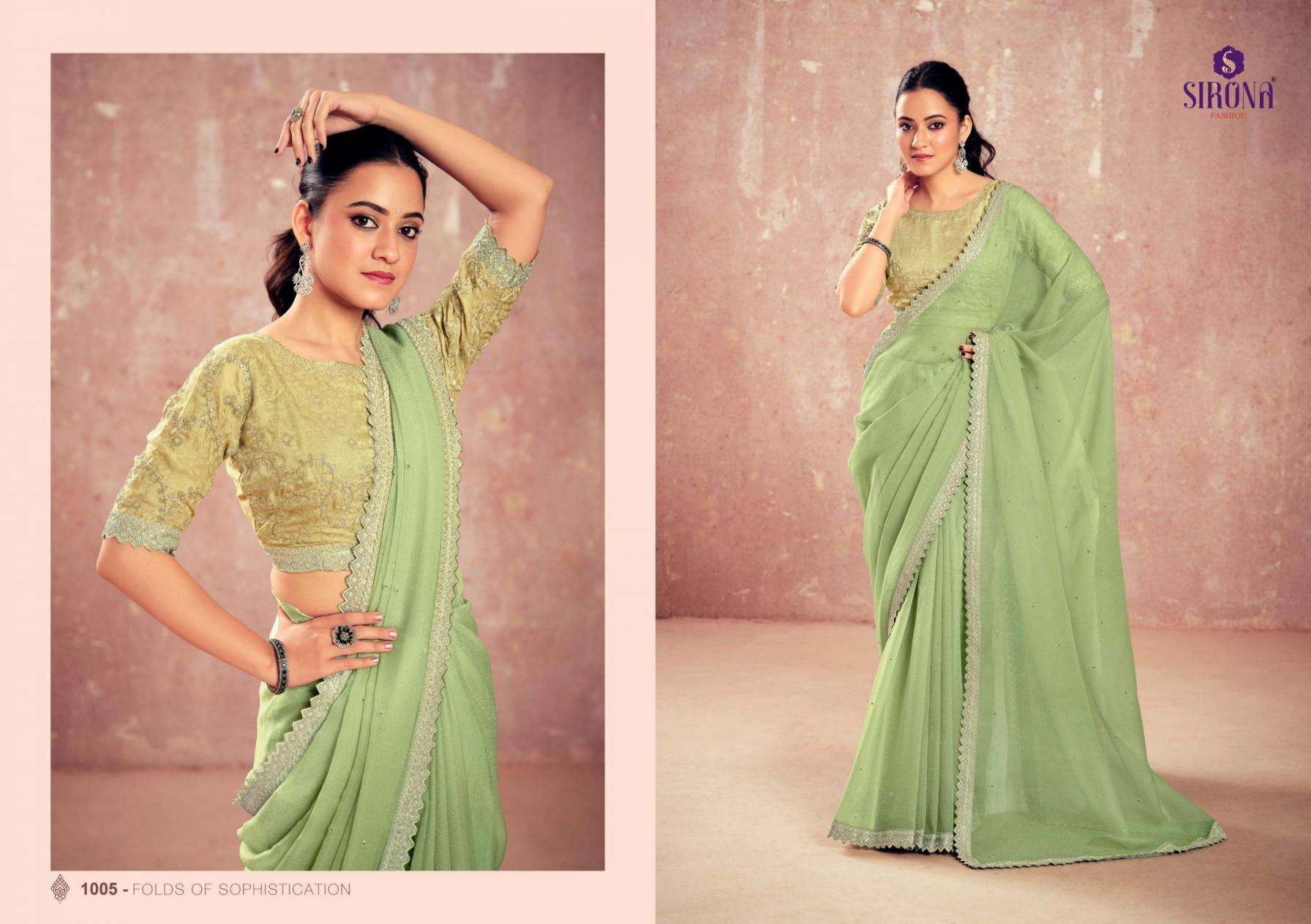 Sirona Fashion Presents Shamika Kivi Crunchy Chiffon Classic Look Saree Catalog Wholesaler And Exporter 